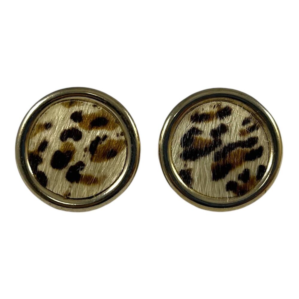 VTG Bergere Signed Animal Print Clip On Earrings Gold Tone Leopard Round Mod